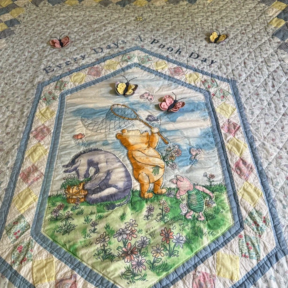 Vintage Classic Winnie the Pooh Twin Quilt Blanket Embroidered Butterfly
